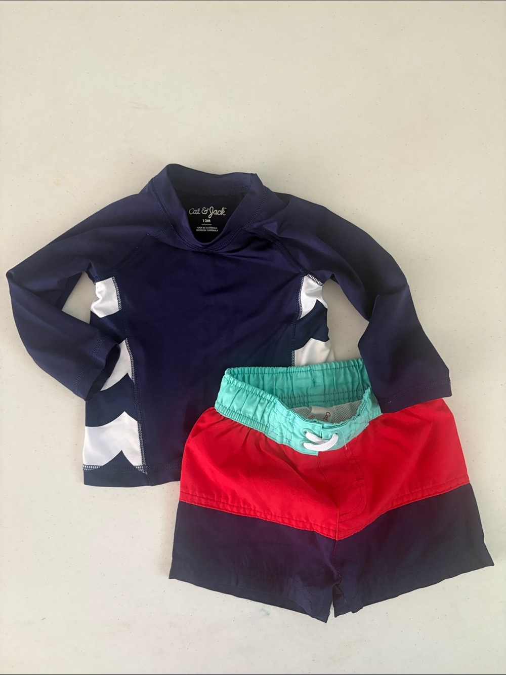 Cat & Jack Navy Rash Guard with Red & Teal Swim Shorts
